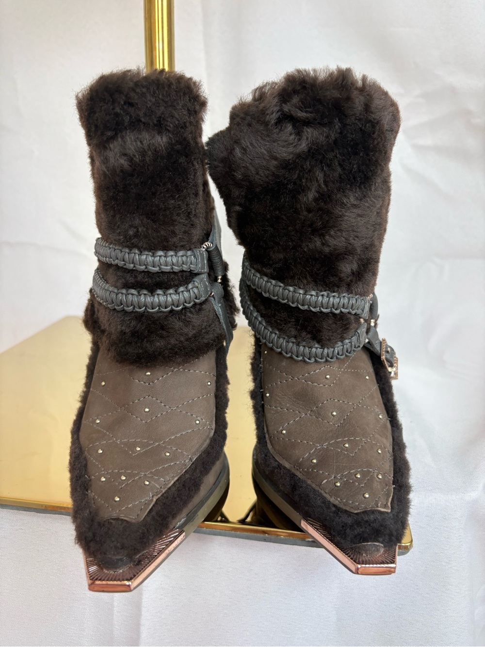 Ivy Kirzhner Dark Brown Faux Fur & Studded Pointed Ankle Boots